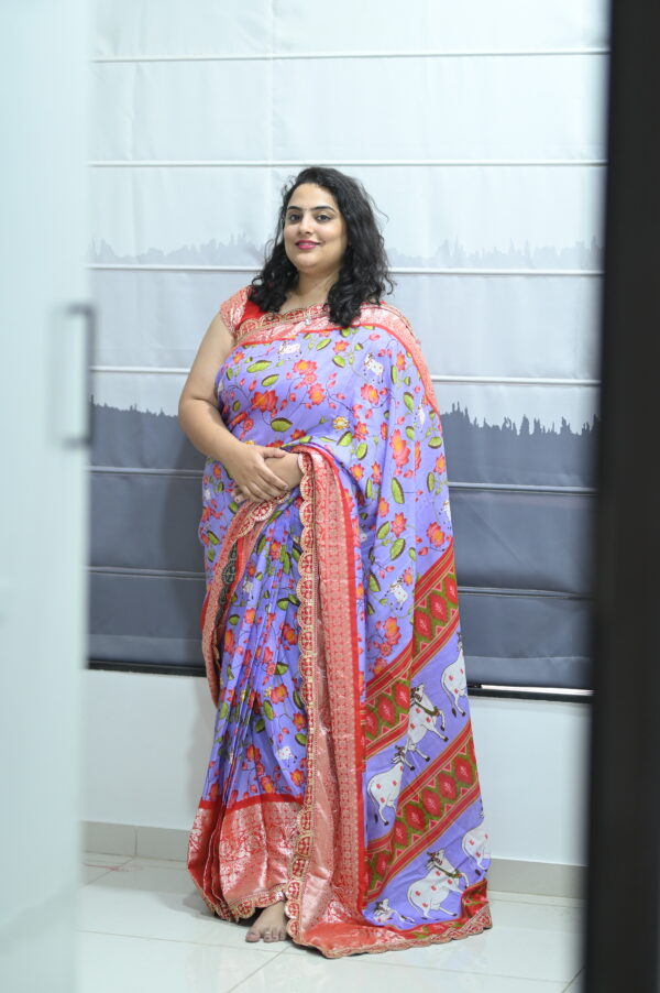 Lavender printed Kalamkari Ready-to-wear Saree dress