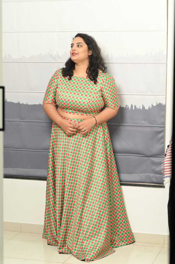 Black Polka Dots & Green Lattice Satin Printed Reversible Crop top & Skirt - Image 2
