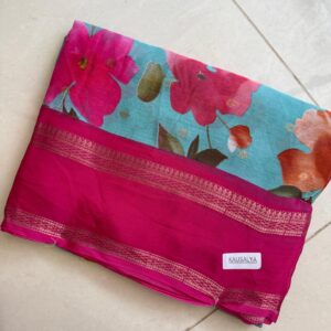 Chiffon Georgette Crush Saree - Sky Blue & Pink