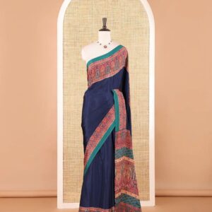 Crepe Silk Saree In Self Print & Contrast Border - Navy Blue