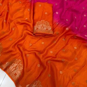 Chinon Georgette Muslin Silk Dual Tone Saree - Pink & Orange