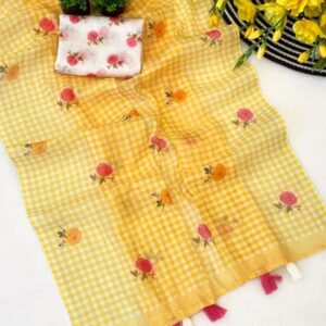 Lenin Checks Floral Printed Saree - Yellow
