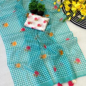 Lenin Checks Floral Printed Saree - Sky Blue