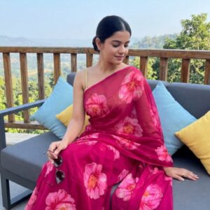 Chiffon Georgette Floral Printed Saree ( No Blouse)- Pink