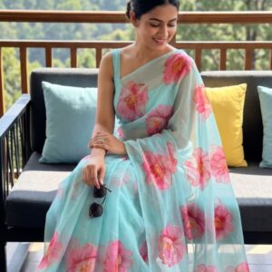 Chiffon Georgette Floral Printed Saree ( No Blouse)- Sky Blue