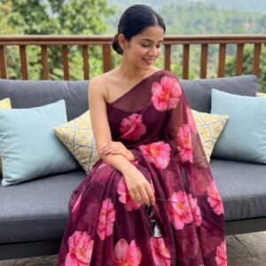 Chiffon Georgette Floral Printed Saree ( No Blouse)- Wine