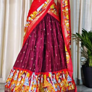Crush Dola Silk Kalamkari Kathak Theme Lehenga Set - Red