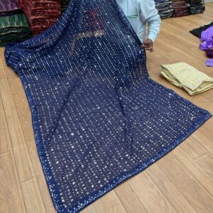 Party Wear Georgette Sequin Work Saree - Navy Blue