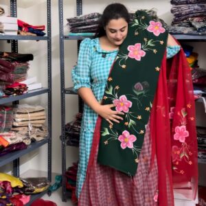 Georgette Brush Painted Saree (No Blouse) - Bottle Green