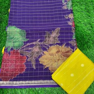 Georgette Silk Checks Saree In Floral Theme With Contrast Blouse - Purple