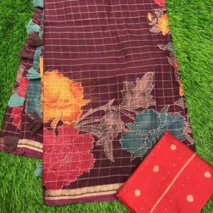 Georgette Silk Checks Saree In Floral Theme With Contrast Blouse - Wine