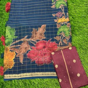 Georgette Silk Checks Saree In Floral Theme With Contrast Blouse - Navy Blue