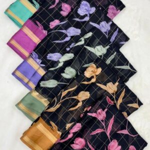 Georgette Silk Black Theme Checks Saree In Floral & Gap Border