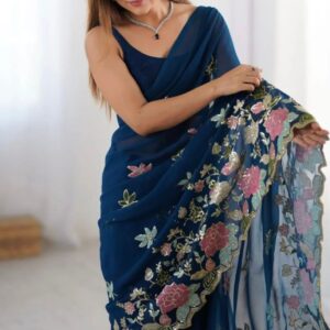Georgette Party Wear Saree - Teal Blue