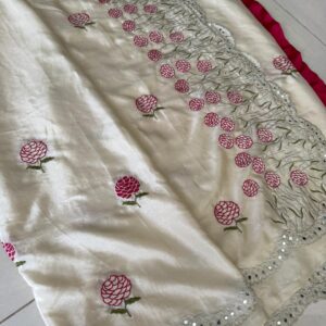 Off White & Pink Fendi Floral Embroidered & Cut Work Mirror Border Saree