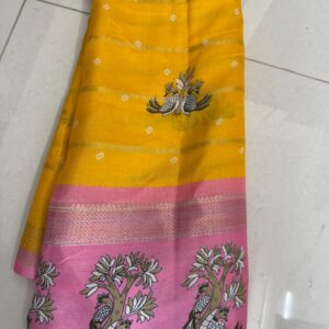 Dola Chiffon Peacock Theme Saree Yellow & Baby Pink Colour