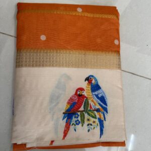 Organza Georgette Silk Saree With Parrot Border - Orange