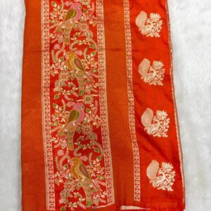 Viscose Mashru Peacock & Parrot Design Saree - Orange