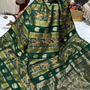 Viscose Mashru Peacock & Parrot Design Saree - Bottle Green