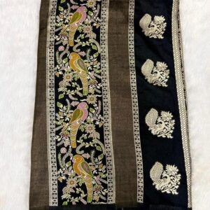 Viscose Mashru Peacock & Parrot Design Saree - Black