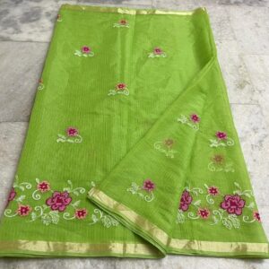 Kota Saree With Flower Embroidery - Pista Green