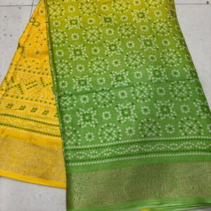 Georgette Silk Bandini Printed Dual Tone Saree - Yellow & Green